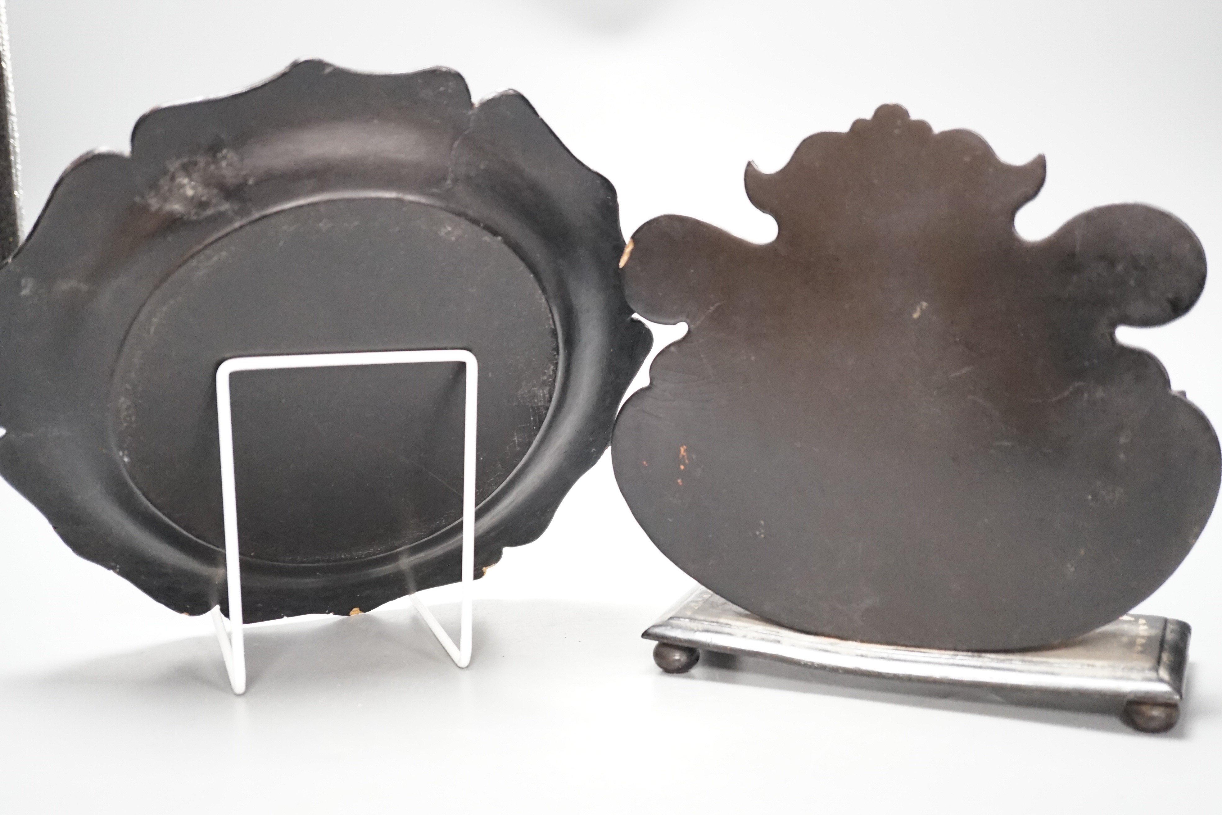 A Victorian papier mache stationary rack and a dish. 24cm
